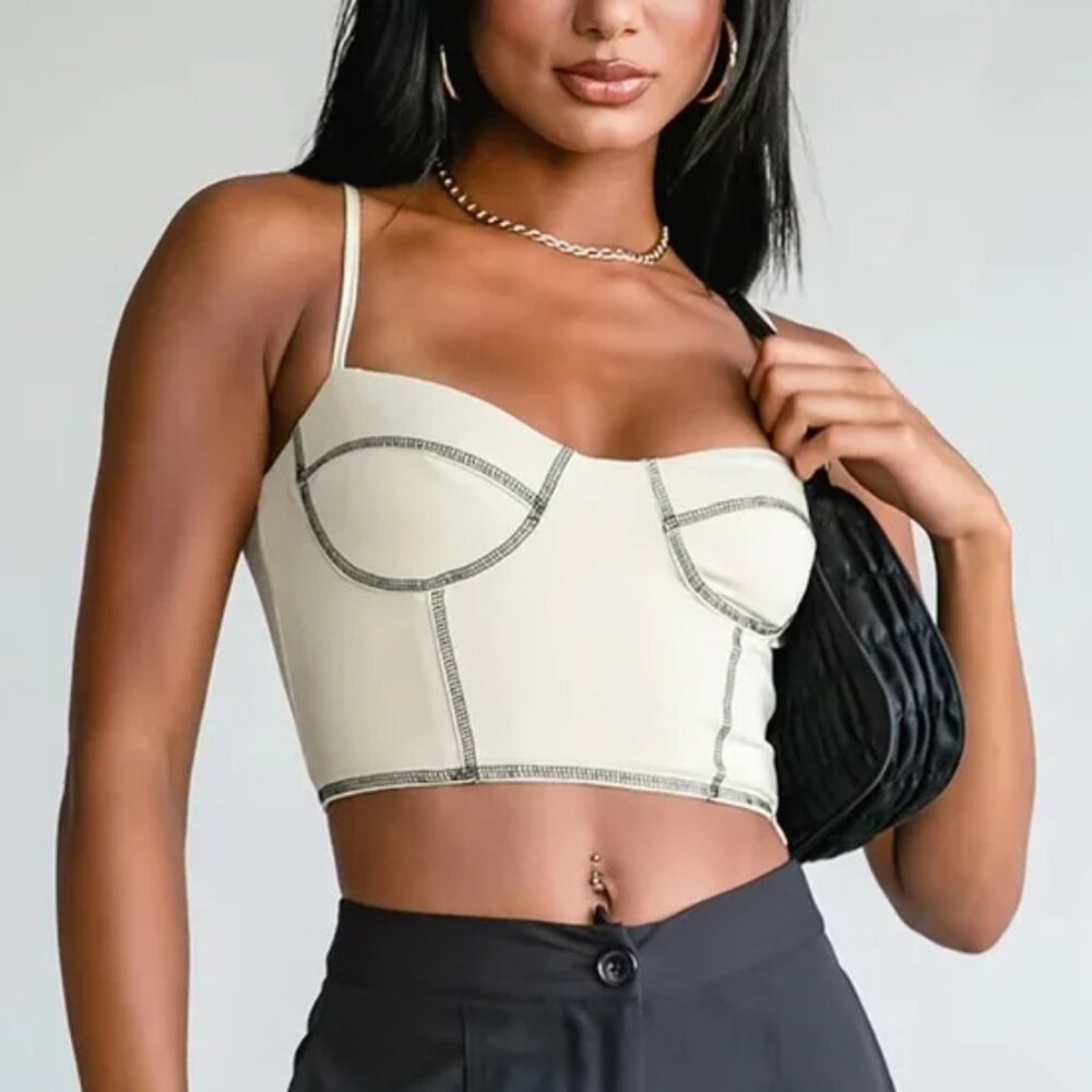 PRINCESS POLLY Beige Bustier Corset Style Spaghetti Strap Crop Top